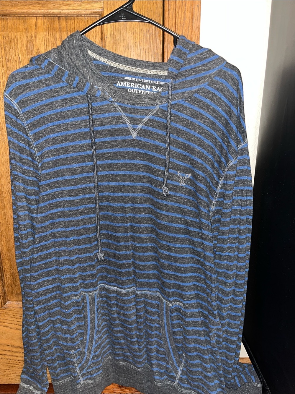 American Eagle Outfitters Blue & Gray Striped Hooded Pullover